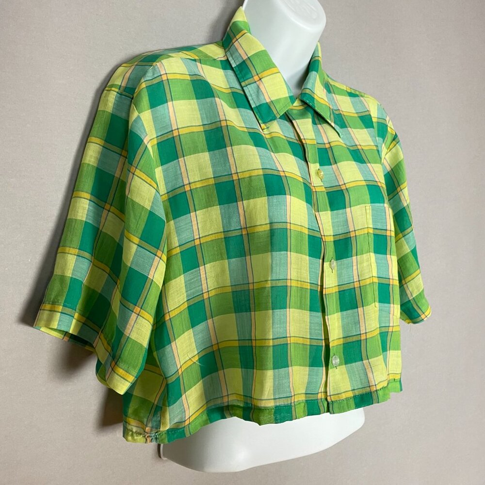 Vintage‎ Plaid Shirt DIY Crop Green Yellow FLAWS Lightweight Button-Up Crop Top - Picture 15 of 16